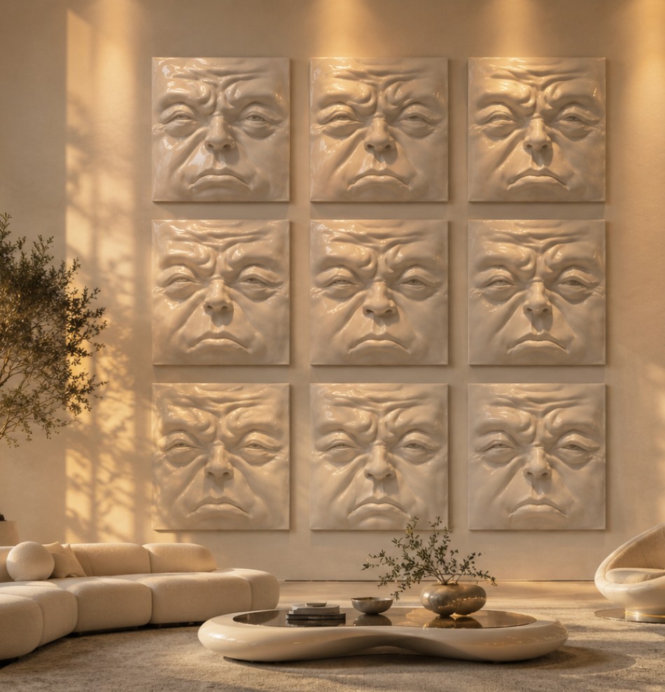 Monumentalny relief 3D z motywem twarzy na ścianie wnętrza premium